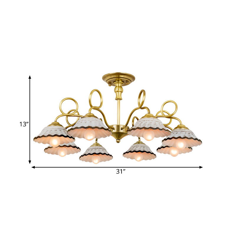 3/6 Heads Flared Chandelier Lamp Traditional Gold Ceramic Pendant Lighting Fixture with Swirl Arm Clearhalo 'Ceiling Lights' 'Chandeliers' Lighting' options 1474879