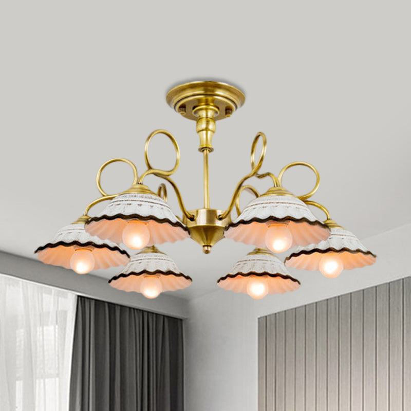 3/6 Heads Flared Chandelier Lamp Traditional Gold Ceramic Pendant Lighting Fixture with Swirl Arm Clearhalo 'Ceiling Lights' 'Chandeliers' Lighting' options 1474880