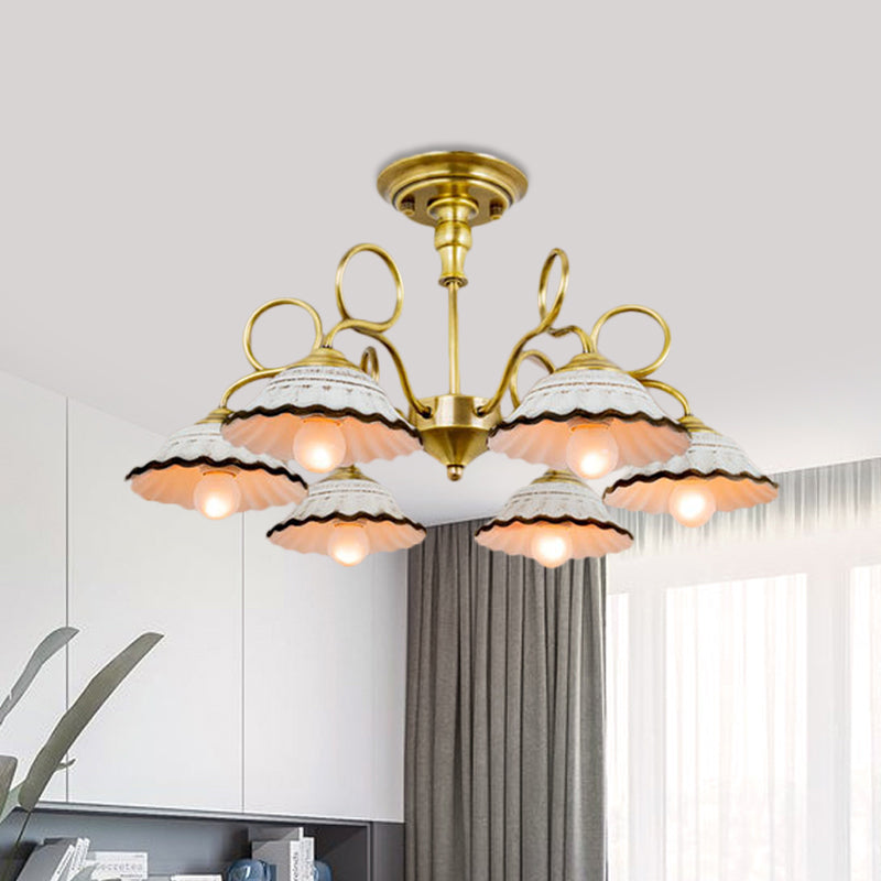 3/6 Heads Flared Chandelier Lamp Traditional Gold Ceramic Pendant Lighting Fixture with Swirl Arm Clearhalo 'Ceiling Lights' 'Chandeliers' Lighting' options 1474881