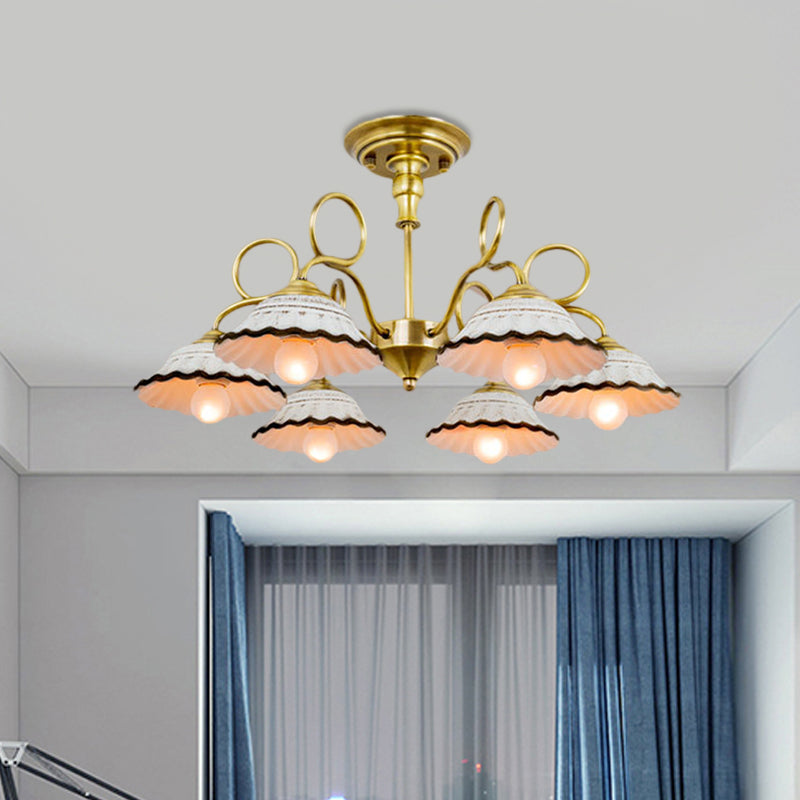 3/6 Heads Flared Chandelier Lamp Traditional Gold Ceramic Pendant Lighting Fixture with Swirl Arm 6 Gold Clearhalo 'Ceiling Lights' 'Chandeliers' Lighting' options 1474882_be242594-3efe-4b60-90a0-844303d2e3c7