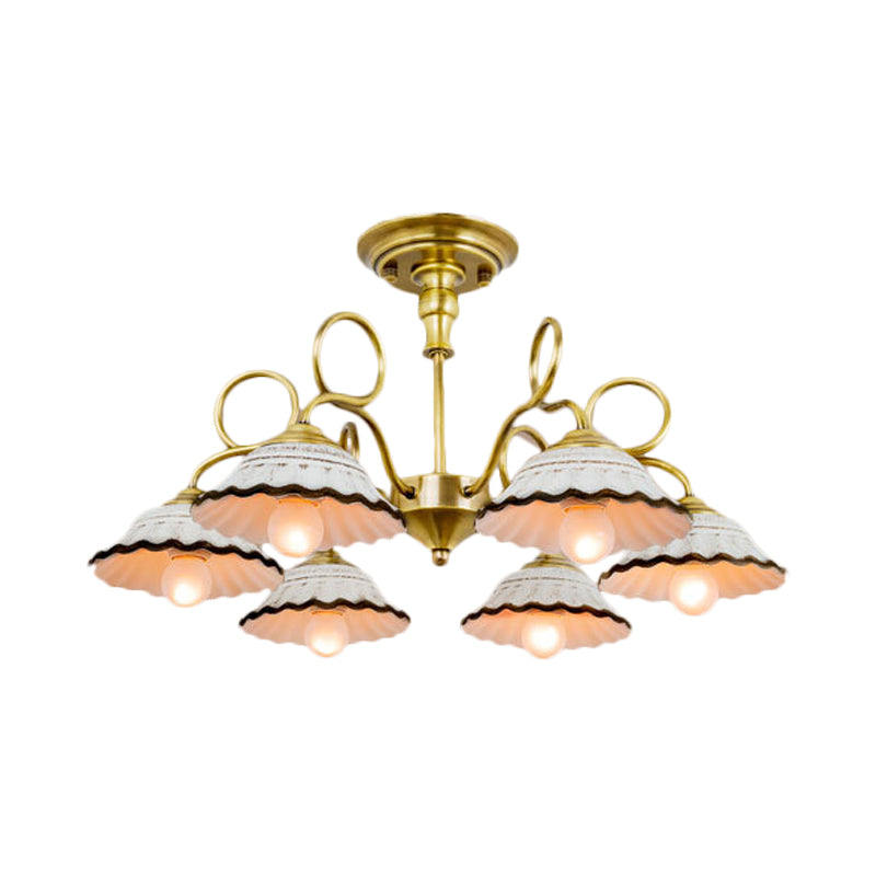 3/6 Heads Flared Chandelier Lamp Traditional Gold Ceramic Pendant Lighting Fixture with Swirl Arm Clearhalo 'Ceiling Lights' 'Chandeliers' Lighting' options 1474883