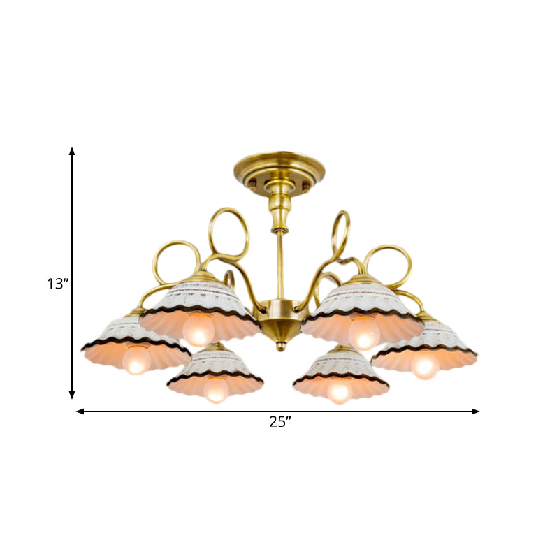 3/6 Heads Flared Chandelier Lamp Traditional Gold Ceramic Pendant Lighting Fixture with Swirl Arm Clearhalo 'Ceiling Lights' 'Chandeliers' Lighting' options 1474884