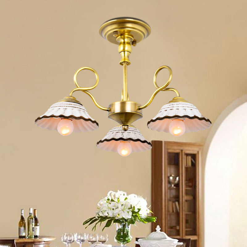 3/6 Heads Flared Chandelier Lamp Traditional Gold Ceramic Pendant Lighting Fixture with Swirl Arm Clearhalo 'Ceiling Lights' 'Chandeliers' Lighting' options 1474886