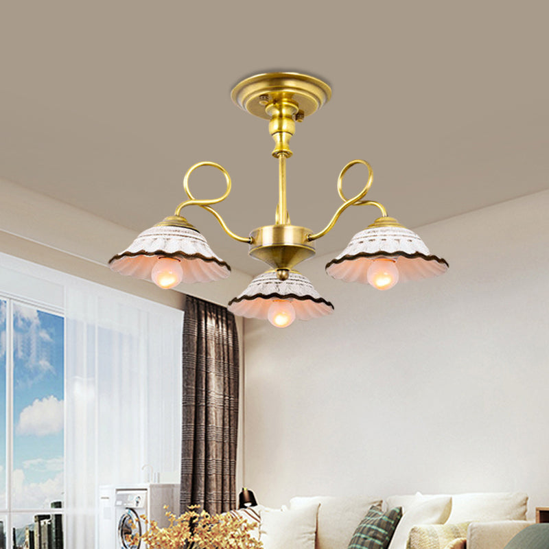 3/6 Heads Flared Chandelier Lamp Traditional Gold Ceramic Pendant Lighting Fixture with Swirl Arm Clearhalo 'Ceiling Lights' 'Chandeliers' Lighting' options 1474887