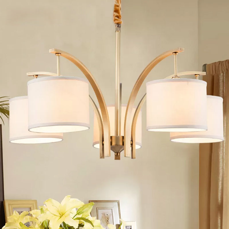 3/5 Bulbs Chandelier Lighting Country Drum Shade Fabric Hanging Lamp in Gold with Metal Curved Arm Clearhalo 'Ceiling Lights' 'Chandeliers' Lighting' options 1474890