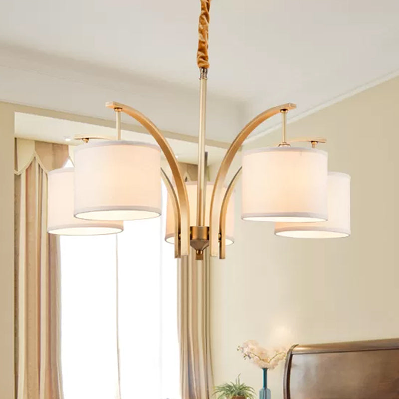 3/5 Bulbs Chandelier Lighting Country Drum Shade Fabric Hanging Lamp in Gold with Metal Curved Arm Clearhalo 'Ceiling Lights' 'Chandeliers' Lighting' options 1474891