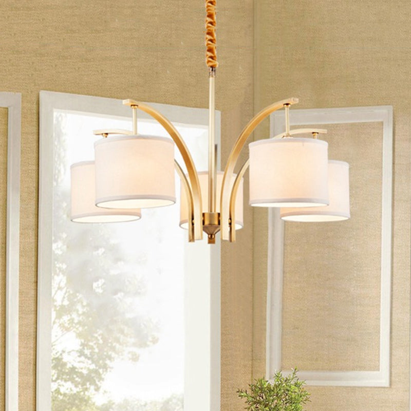 3/5 Bulbs Chandelier Lighting Country Drum Shade Fabric Hanging Lamp in Gold with Metal Curved Arm Clearhalo 'Ceiling Lights' 'Chandeliers' Lighting' options 1474892