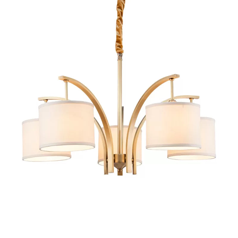 3/5 Bulbs Chandelier Lighting Country Drum Shade Fabric Hanging Lamp in Gold with Metal Curved Arm Clearhalo 'Ceiling Lights' 'Chandeliers' Lighting' options 1474893