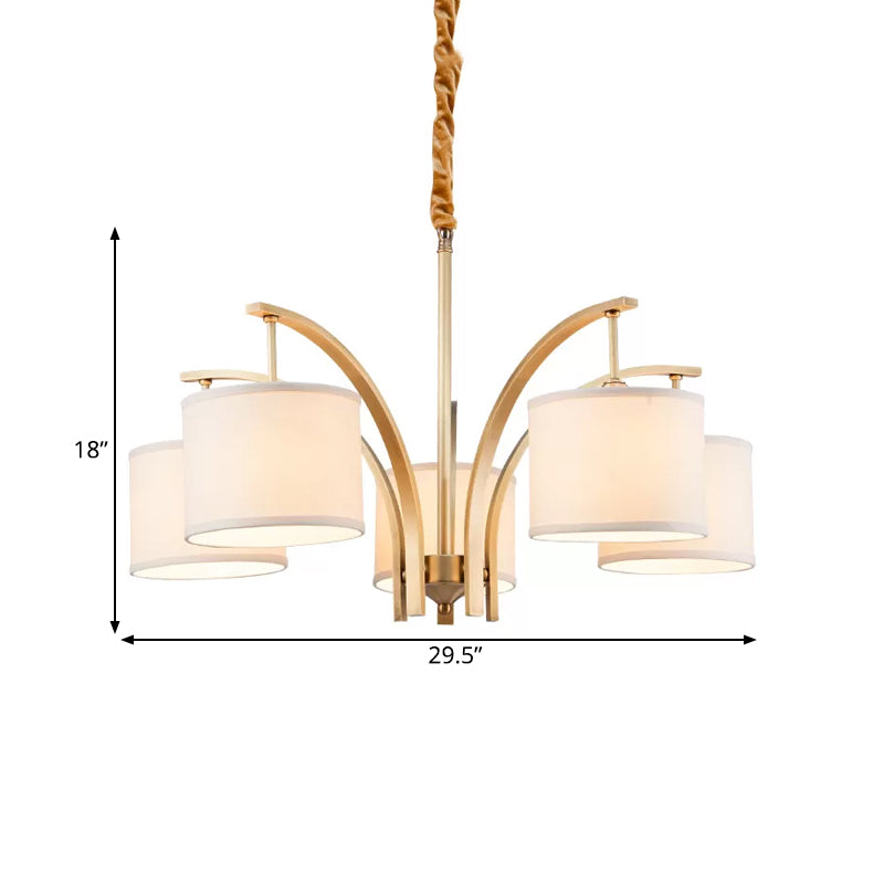 3/5 Bulbs Chandelier Lighting Country Drum Shade Fabric Hanging Lamp in Gold with Metal Curved Arm Clearhalo 'Ceiling Lights' 'Chandeliers' Lighting' options 1474894