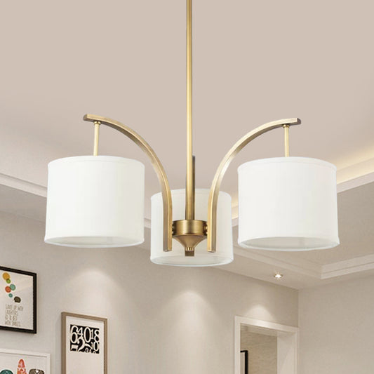 3/5 Bulbs Chandelier Lighting Country Drum Shade Fabric Hanging Lamp in Gold with Metal Curved Arm Clearhalo 'Ceiling Lights' 'Chandeliers' Lighting' options 1474895