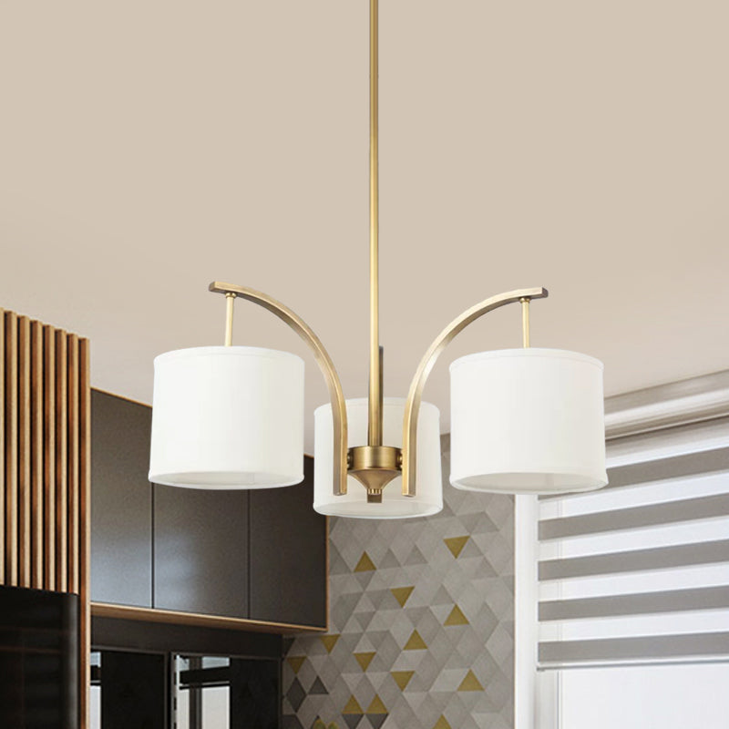 3/5 Bulbs Chandelier Lighting Country Drum Shade Fabric Hanging Lamp in Gold with Metal Curved Arm Clearhalo 'Ceiling Lights' 'Chandeliers' Lighting' options 1474896