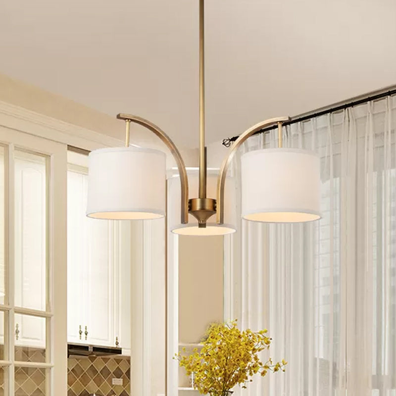 3/5 Bulbs Chandelier Lighting Country Drum Shade Fabric Hanging Lamp in Gold with Metal Curved Arm Clearhalo 'Ceiling Lights' 'Chandeliers' Lighting' options 1474897