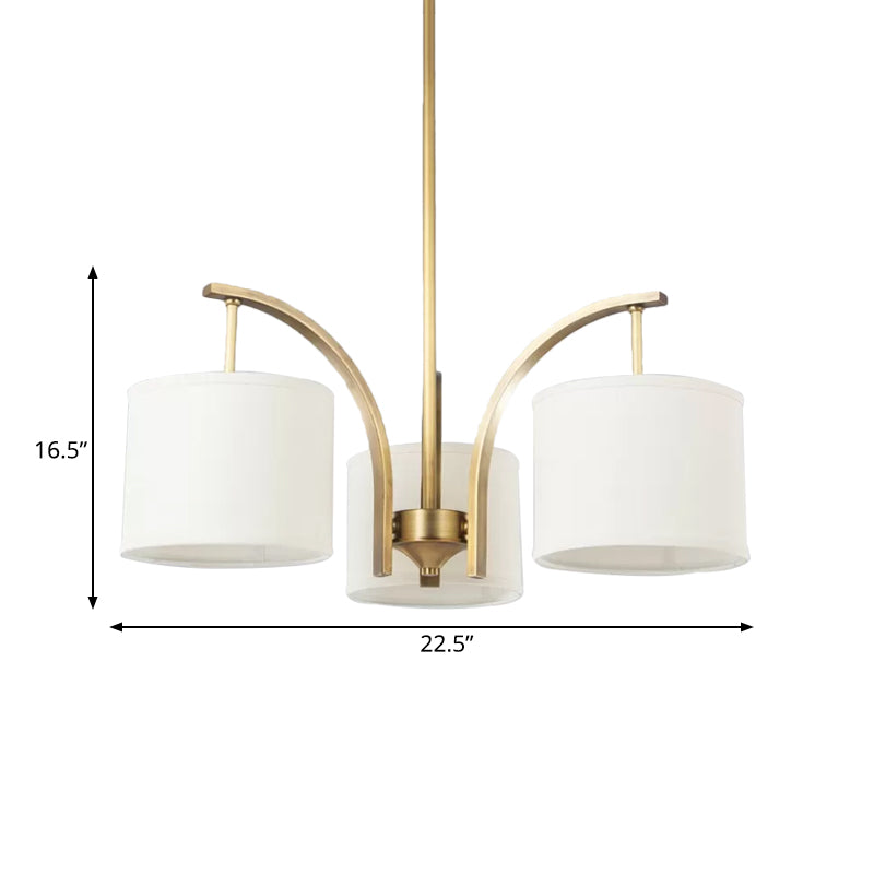 3/5 Bulbs Chandelier Lighting Country Drum Shade Fabric Hanging Lamp in Gold with Metal Curved Arm Clearhalo 'Ceiling Lights' 'Chandeliers' Lighting' options 1474899