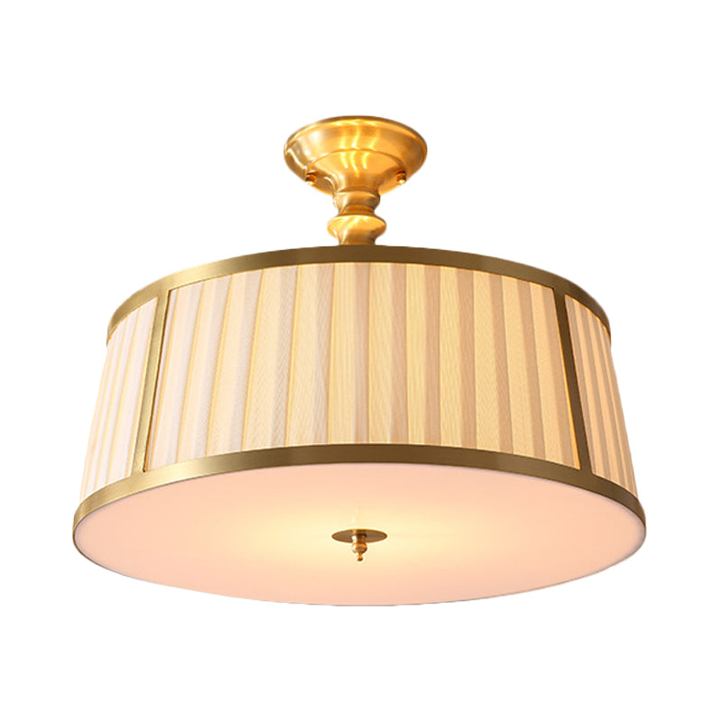 Round Fabric Semi Flush Light Colonialism 4 Heads Bedroom Metallic Ceiling Lighting in Gold Clearhalo 'Ceiling Lights' 'Close To Ceiling Lights' 'Close to ceiling' 'Semi-flushmount' Lighting' 1474918