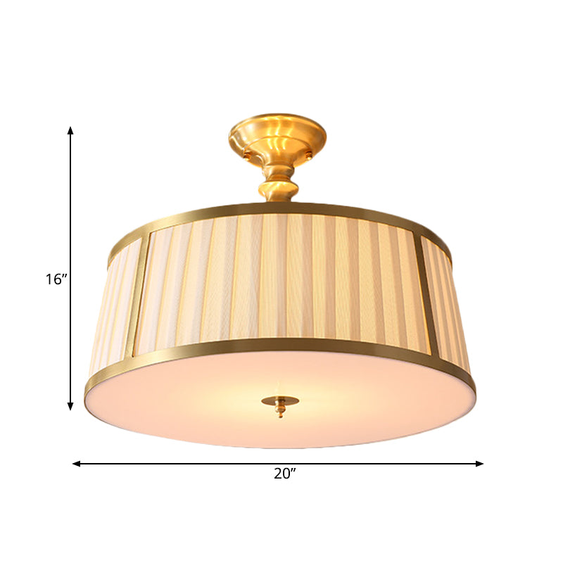 Round Fabric Semi Flush Light Colonialism 4 Heads Bedroom Metallic Ceiling Lighting in Gold Clearhalo 'Ceiling Lights' 'Close To Ceiling Lights' 'Close to ceiling' 'Semi-flushmount' Lighting' 1474919