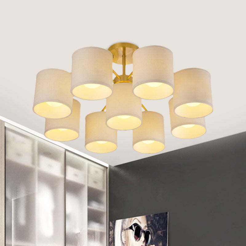 Gold 9 Lights Semi Mount Lighting Colonialist Fabric Cylinder Metal Ceiling Light Fixture for Living Room Clearhalo 'Ceiling Lights' 'Close To Ceiling Lights' 'Close to ceiling' 'Semi-flushmount' Lighting' 1474921