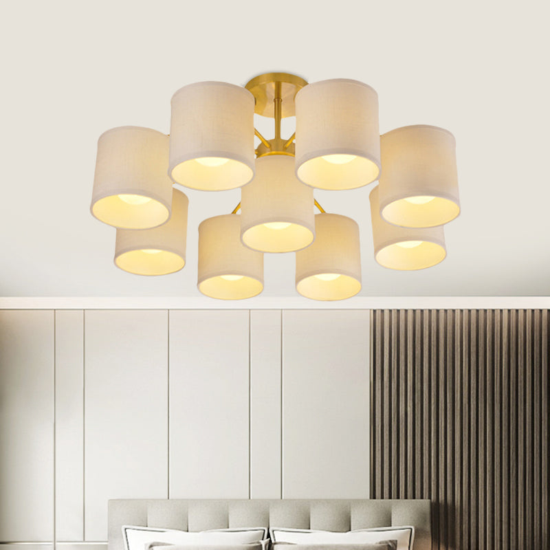 Gold 9 Lights Semi Mount Lighting Colonialist Fabric Cylinder Metal Ceiling Light Fixture for Living Room Clearhalo 'Ceiling Lights' 'Close To Ceiling Lights' 'Close to ceiling' 'Semi-flushmount' Lighting' 1474922