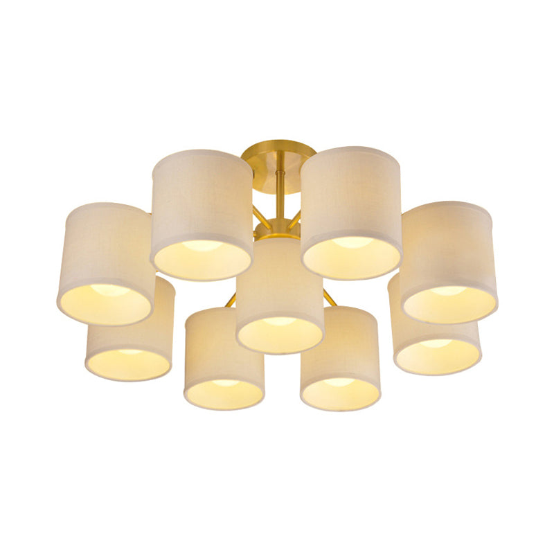 Gold 9 Lights Semi Mount Lighting Colonialist Fabric Cylinder Metal Ceiling Light Fixture for Living Room Clearhalo 'Ceiling Lights' 'Close To Ceiling Lights' 'Close to ceiling' 'Semi-flushmount' Lighting' 1474923