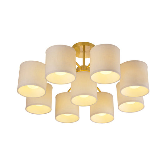 Gold 9 Lights Semi Mount Lighting Colonialist Fabric Cylinder Metal Ceiling Light Fixture for Living Room Clearhalo 'Ceiling Lights' 'Close To Ceiling Lights' 'Close to ceiling' 'Semi-flushmount' Lighting' 1474923