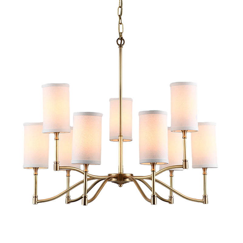 Gold Tubular Pendant Chandelier Colonial Style Fabric 6/9-Bulb Down Lighting with Twisted Arm for Living Room Clearhalo 'Ceiling Lights' 'Chandeliers' Lighting' options 1474927