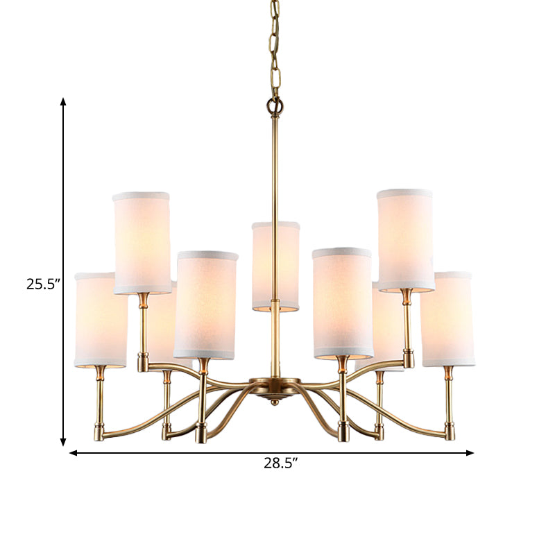 Gold Tubular Pendant Chandelier Colonial Style Fabric 6/9-Bulb Down Lighting with Twisted Arm for Living Room Clearhalo 'Ceiling Lights' 'Chandeliers' Lighting' options 1474929