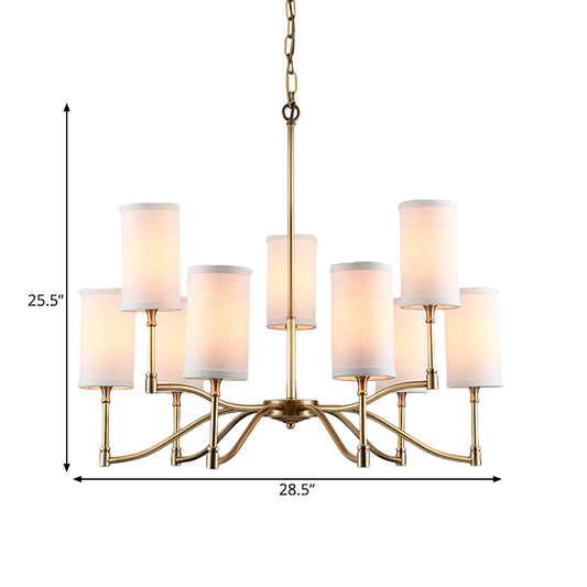 Gold Tubular Pendant Chandelier Colonial Style Fabric 6/9-Bulb Down Lighting with Twisted Arm for Living Room Clearhalo 'Ceiling Lights' 'Chandeliers' Lighting' options 1474929