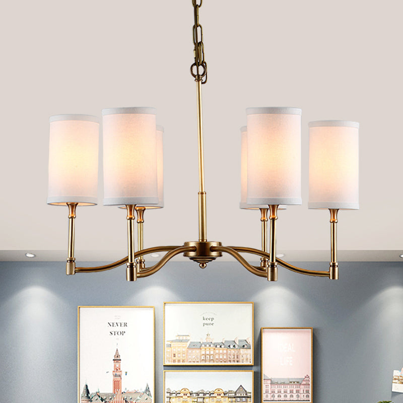 Gold Tubular Pendant Chandelier Colonial Style Fabric 6/9-Bulb Down Lighting with Twisted Arm for Living Room Clearhalo 'Ceiling Lights' 'Chandeliers' Lighting' options 1474930