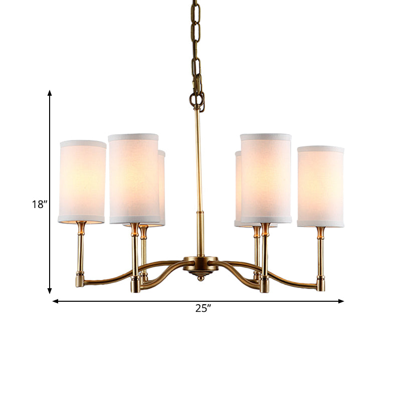 Gold Tubular Pendant Chandelier Colonial Style Fabric 6/9-Bulb Down Lighting with Twisted Arm for Living Room Clearhalo 'Ceiling Lights' 'Chandeliers' Lighting' options 1474934