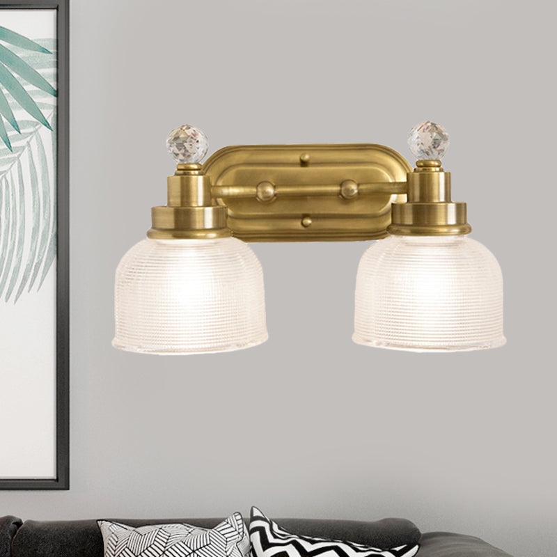 2 Lights Clear Prismatic Glass Vanity Light Traditional Gold Domed Bedroom Metal Wall Sconce with Crystal Drop Clearhalo 'Vanity Lights' 'Wall Lights' Lighting' 1474961