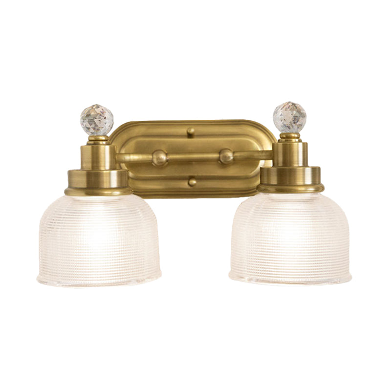 2 Lights Clear Prismatic Glass Vanity Light Traditional Gold Domed Bedroom Metal Wall Sconce with Crystal Drop Clearhalo 'Vanity Lights' 'Wall Lights' Lighting' 1474963