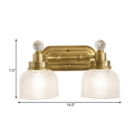 2 Lights Clear Prismatic Glass Vanity Light Traditional Gold Domed Bedroom Metal Wall Sconce with Crystal Drop Clearhalo 'Vanity Lights' 'Wall Lights' Lighting' 1474964