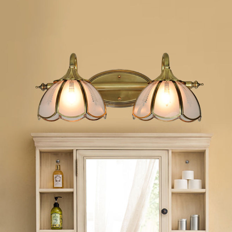 2 Heads Vanity Lighting Fixture Colonialist Scalloped Frosted Glass Wall Sconce Light in Gold for Bathroom Gold Clearhalo 'Vanity Lights' 'Wall Lights' Lighting' 1474965