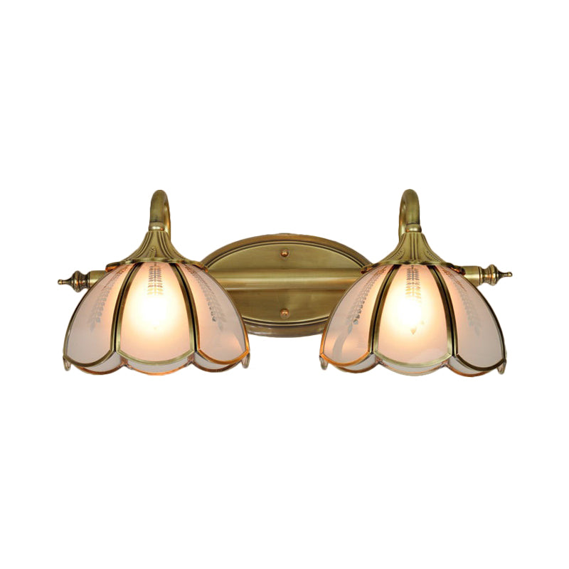 2 Heads Vanity Lighting Fixture Colonialist Scalloped Frosted Glass Wall Sconce Light in Gold for Bathroom Clearhalo 'Vanity Lights' 'Wall Lights' Lighting' 1474968