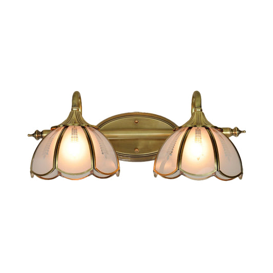 2 Heads Vanity Lighting Fixture Colonialist Scalloped Frosted Glass Wall Sconce Light in Gold for Bathroom Clearhalo 'Vanity Lights' 'Wall Lights' Lighting' 1474968