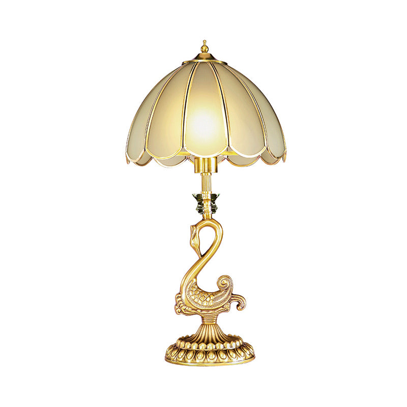 Scalloped Living Room Table Lighting Colonial Style White Glass 1 Bulb Gold Desk Light with Metal Swan Design Clearhalo 'Lamps' 'Table Lamps' Lighting' 1474973