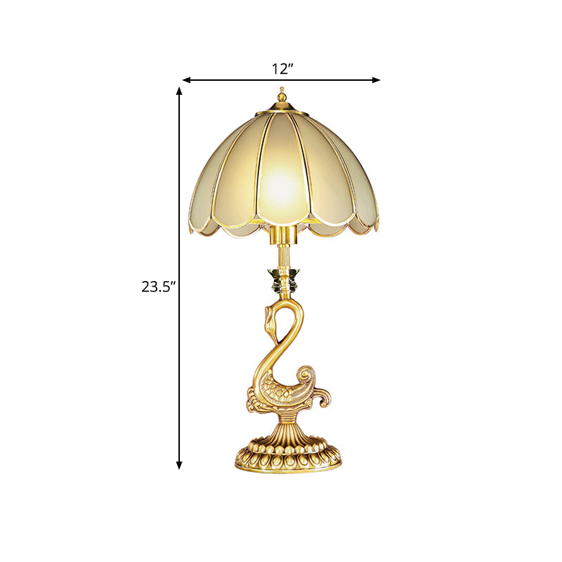 Scalloped Living Room Table Lighting Colonial Style White Glass 1 Bulb Gold Desk Light with Metal Swan Design Clearhalo 'Lamps' 'Table Lamps' Lighting' 1474974