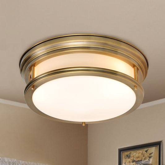 Drum Metallic Flush Mount Lamp Colonialism 3-Light Bedroom Ceiling Light Fixture in Gold Gold Clearhalo 'Ceiling Lights' 'Close To Ceiling Lights' 'Close to ceiling' 'Flush mount' Lighting' 1474975