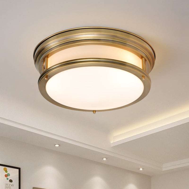 Drum Metallic Flush Mount Lamp Colonialism 3-Light Bedroom Ceiling Light Fixture in Gold Clearhalo 'Ceiling Lights' 'Close To Ceiling Lights' 'Close to ceiling' 'Flush mount' Lighting' 1474976