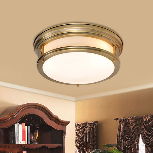 Drum Metallic Flush Mount Lamp Colonialism 3-Light Bedroom Ceiling Light Fixture in Gold Clearhalo 'Ceiling Lights' 'Close To Ceiling Lights' 'Close to ceiling' 'Flush mount' Lighting' 1474977