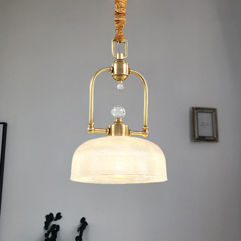 Golden 1 Light Drop Pendant Traditional Clear Prismatic Glass Dome Shade Metal Suspension Lighting Clearhalo 'Ceiling Lights' 'Pendant Lights' 'Pendants' Lighting' 1474980