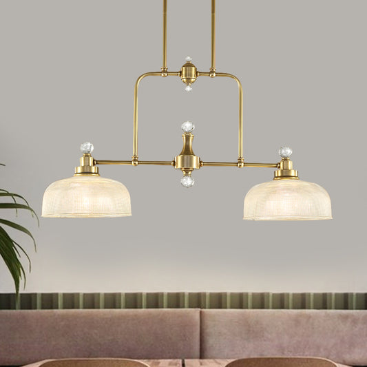 Gold Domed Island Pendant Country Style Clear Prismatic Glass 2 Bulbs Metal Hanging Light Kit Gold Clearhalo 'Ceiling Lights' 'Island Lights' Lighting' 1474985