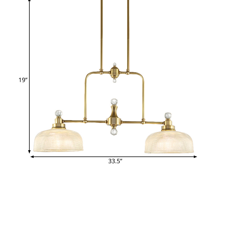 Gold Domed Island Pendant Country Style Clear Prismatic Glass 2 Bulbs Metal Hanging Light Kit Clearhalo 'Ceiling Lights' 'Island Lights' Lighting' 1474989