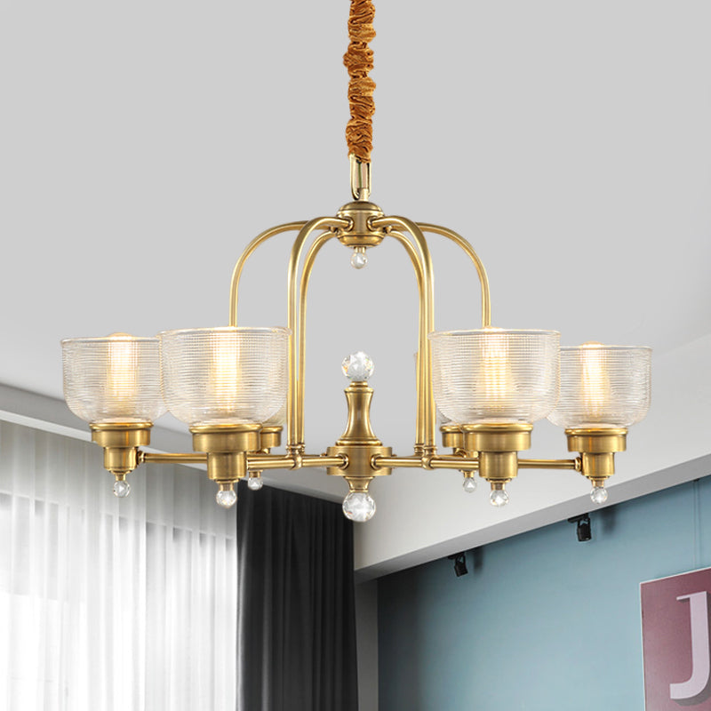 Prismatic Glass Gold Hanging Chandelier Bowl Shade 4/6-Light Colonialist Metal Suspension Pendant Light for Kitchen Clearhalo 'Ceiling Lights' 'Chandeliers' 'Close To Ceiling Lights' 'Glass shade' 'Glass' Lighting' 1474990