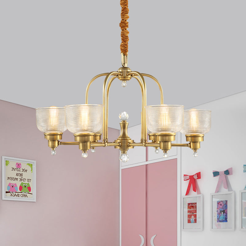 Prismatic Glass Gold Hanging Chandelier Bowl Shade 4/6-Light Colonialist Metal Suspension Pendant Light for Kitchen Clearhalo 'Ceiling Lights' 'Chandeliers' 'Close To Ceiling Lights' 'Glass shade' 'Glass' Lighting' 1474991