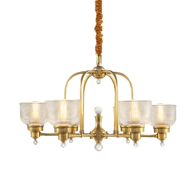 Prismatic Glass Gold Hanging Chandelier Bowl Shade 4/6-Light Colonialist Metal Suspension Pendant Light for Kitchen 6 Gold Clearhalo 'Ceiling Lights' 'Chandeliers' 'Close To Ceiling Lights' 'Glass shade' 'Glass' Lighting' 1474992