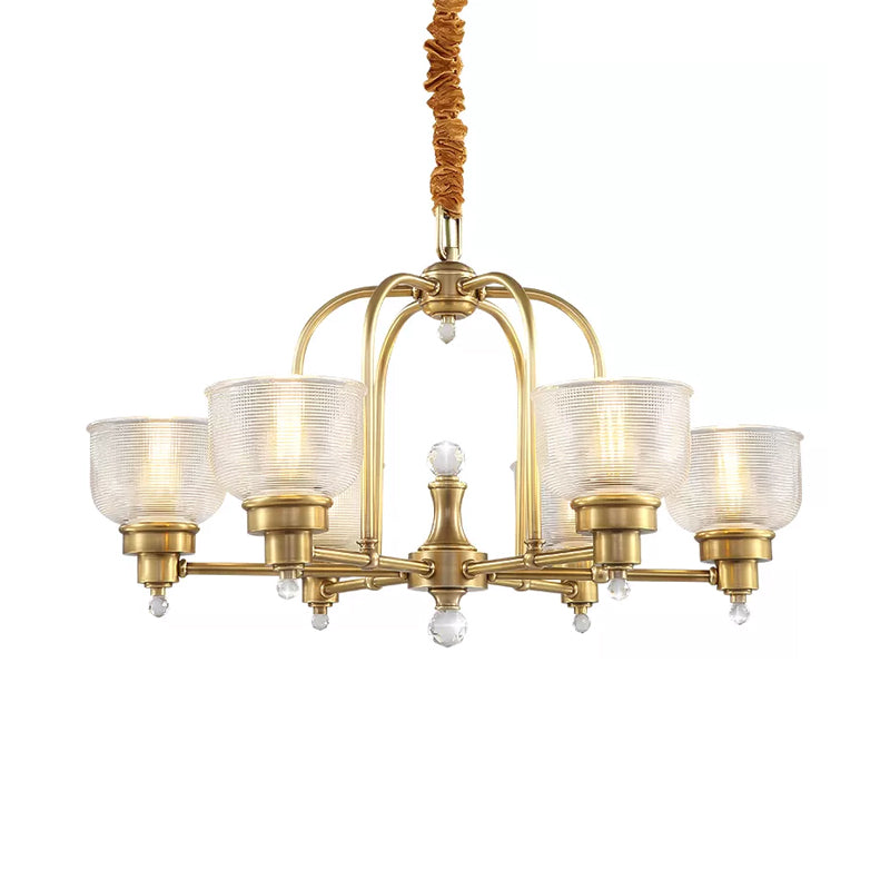 Prismatic Glass Gold Hanging Chandelier Bowl Shade 4/6-Light Colonialist Metal Suspension Pendant Light for Kitchen Clearhalo 'Ceiling Lights' 'Chandeliers' 'Close To Ceiling Lights' 'Glass shade' 'Glass' Lighting' 1474993