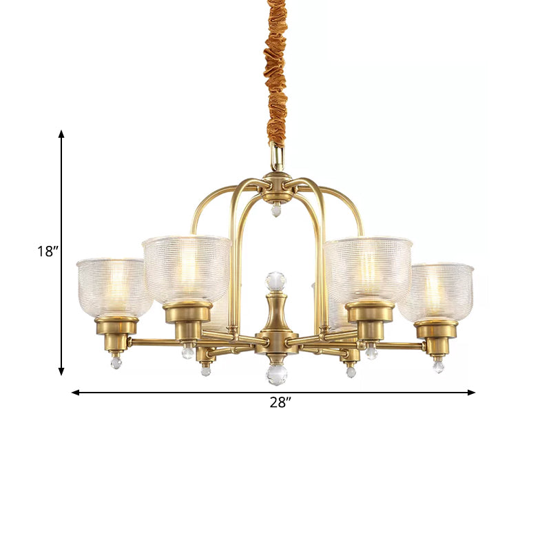 Prismatic Glass Gold Hanging Chandelier Bowl Shade 4/6-Light Colonialist Metal Suspension Pendant Light for Kitchen Clearhalo 'Ceiling Lights' 'Chandeliers' 'Close To Ceiling Lights' 'Glass shade' 'Glass' Lighting' 1474994