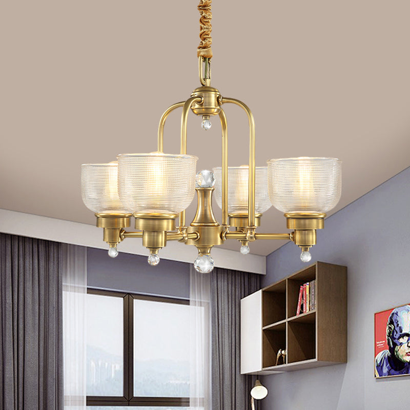 Prismatic Glass Gold Hanging Chandelier Bowl Shade 4/6-Light Colonialist Metal Suspension Pendant Light for Kitchen Clearhalo 'Ceiling Lights' 'Chandeliers' 'Close To Ceiling Lights' 'Glass shade' 'Glass' Lighting' 1474996