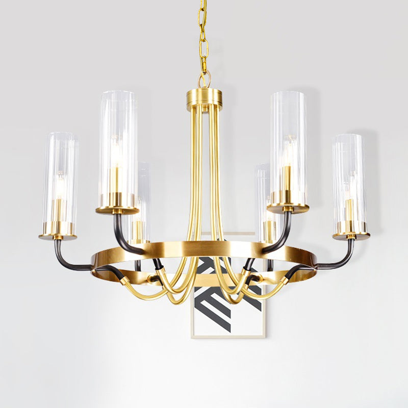 Clear Glass Tubular Ceiling Chandelier Colonial Style 6/8 Heads Bedroom Pendant Lighting Fixture in Black/Gold with Metal Ring Design Clearhalo 'Ceiling Lights' 'Chandeliers' Lighting' options 1475000