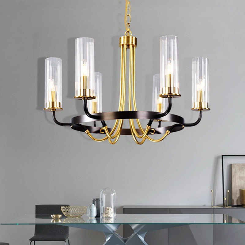 Clear Glass Tubular Ceiling Chandelier Colonial Style 6/8 Heads Bedroom Pendant Lighting Fixture in Black/Gold with Metal Ring Design Clearhalo 'Ceiling Lights' 'Chandeliers' Lighting' options 1475001